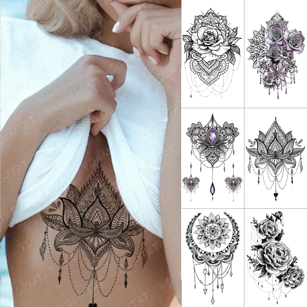 

6pcs Suit Tatu Black Henna Tattoo Temporary Sticker Sexy Rose Purple Fake Tato Chest Waist Back Leg Women Men Girl Glitter Kids