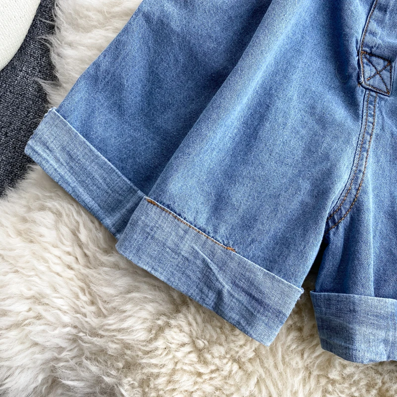 Summer shawl Short Rompers For Women Denim Jumpsuit Jeans short sleeve buttons front Jumpsuits | Женская одежда