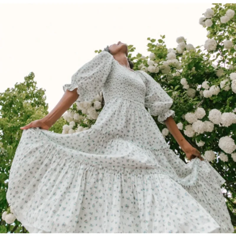 

Prairie Chic Floral Print Dress Women Summer Elegant Shirring Slim Robe Femme Square Collar Lantern Sleeve Ruffles Beach Dresses