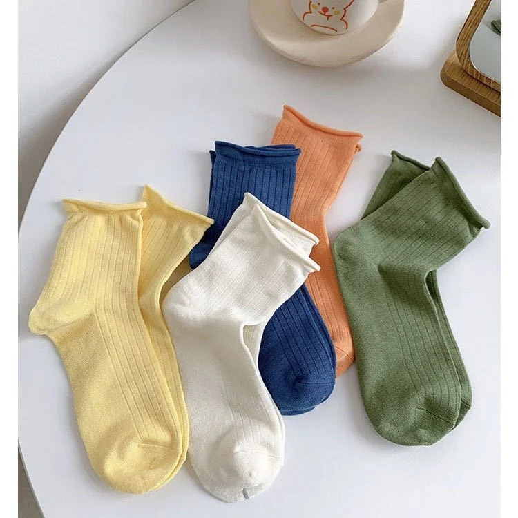 

Summer socks children's solid color vertical bar middle tube socks fungus curling pile socks cotton simple student net red socks