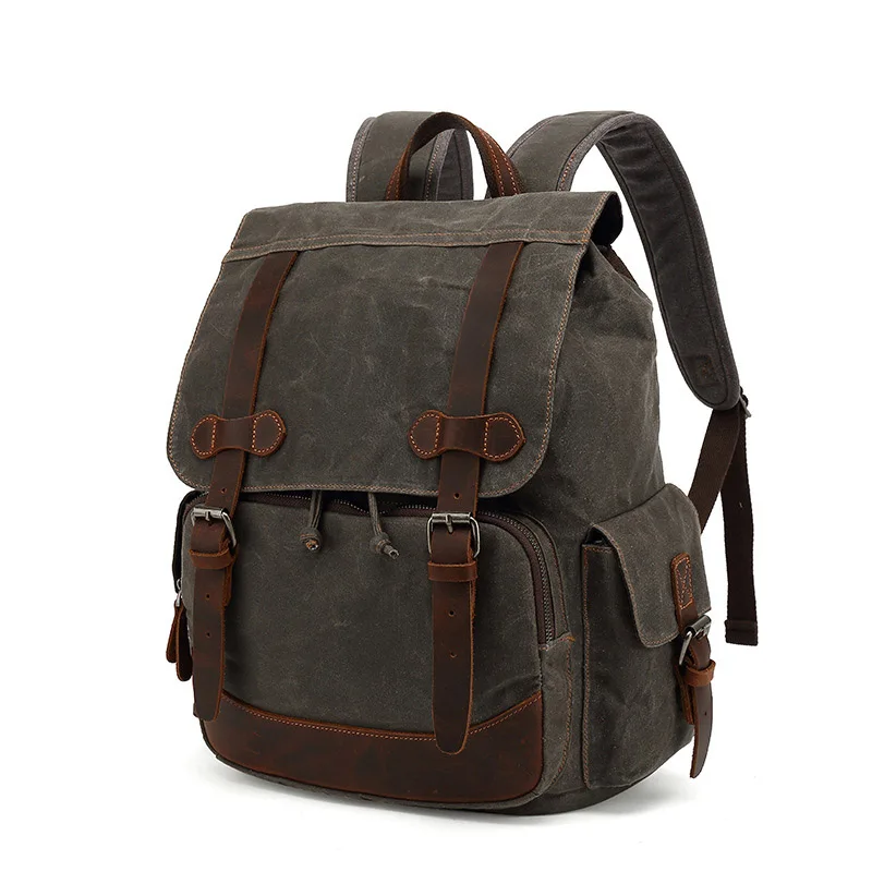 Vintage Canvas Backpack for Men Leather Knapsack Men Travel Backpack Leather-Waxed Canvas Shoulder Hiking Rucksack
