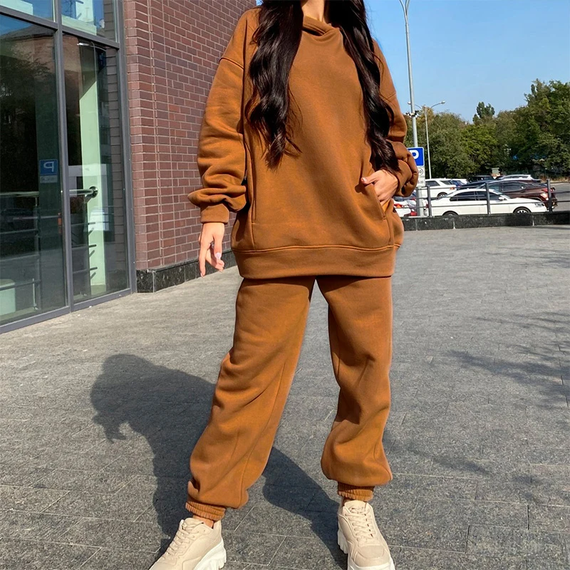 

Oversized Fleece Two Piece Women's Tracksuit Sets Hooded Long Sleeve Women Suit 2021 Spring Casual Solid Sport Pants Lady Set