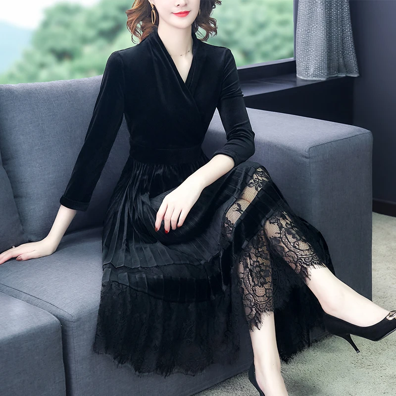 Осенне-зимнее женское кружевное элегантное бархатное платье с V-образным вырезом