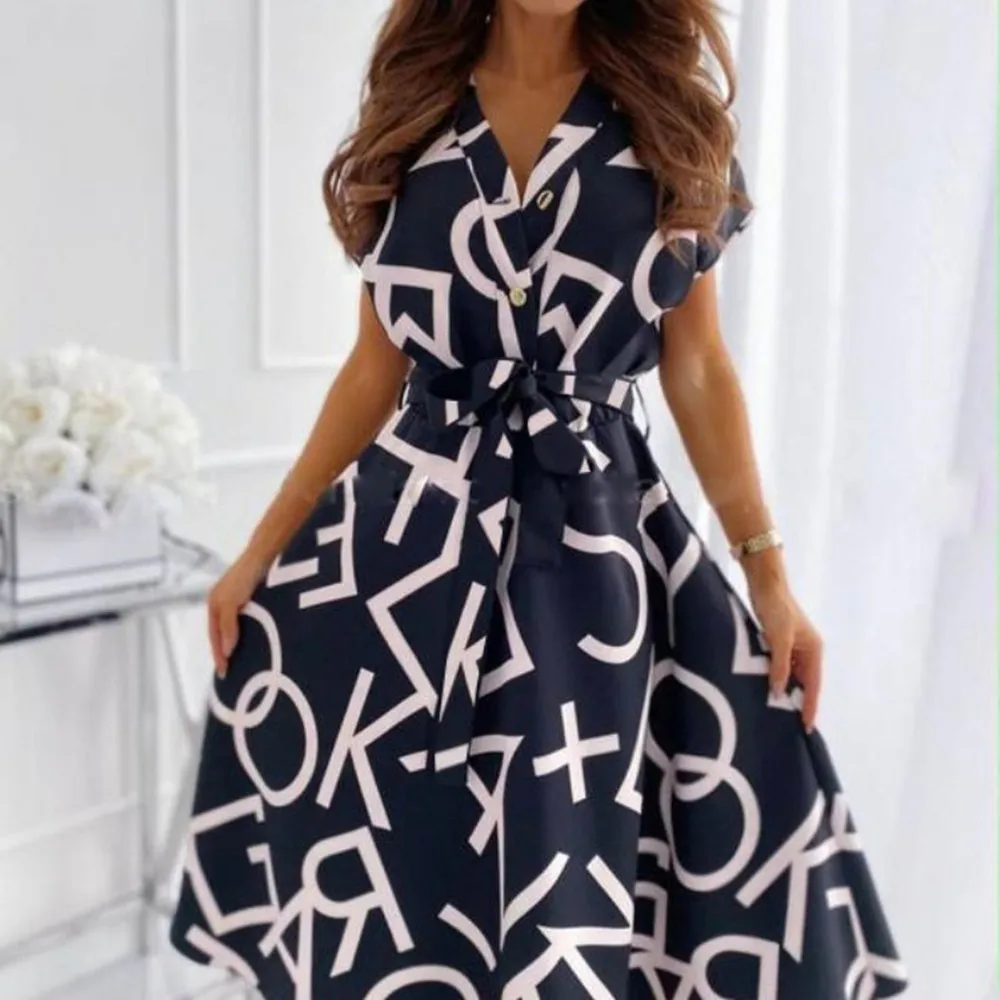 

Summer Dress Women V Neck Letter Print Big Swing Dresses Casual Button Short Sleeve Maxi Dress For Women Vestidos Femme Robes
