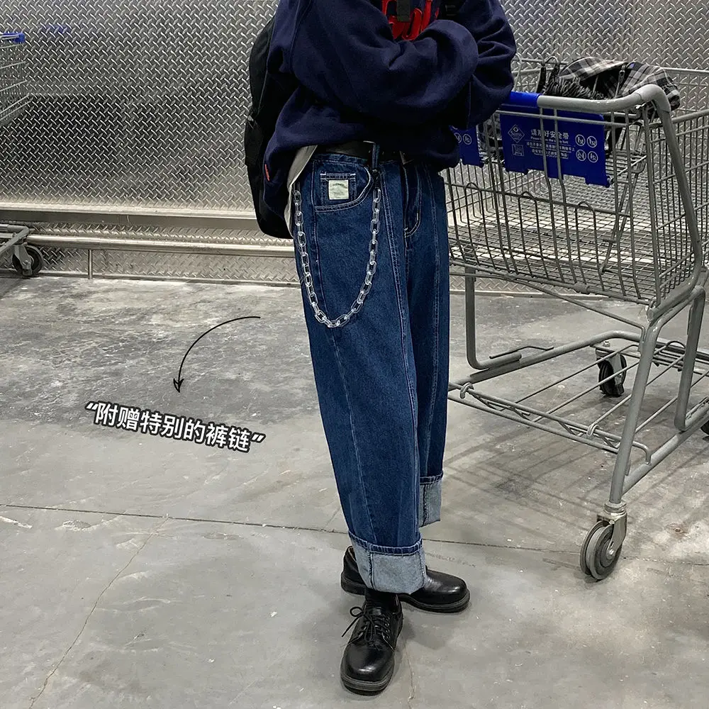 

2020 Send Chain Korean Style Men's Baggy Homme Casual Pants Classic Cargo Pocket Jeans Biker Denim Blue Color Trousers M-2XL