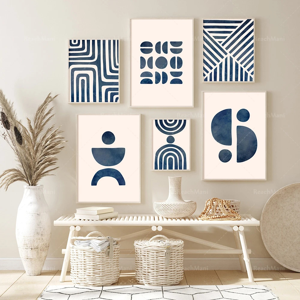 

Watercolor navy blue printable wall art, medieval bohemian posters, abstract minimalist wall prints, line art posters
