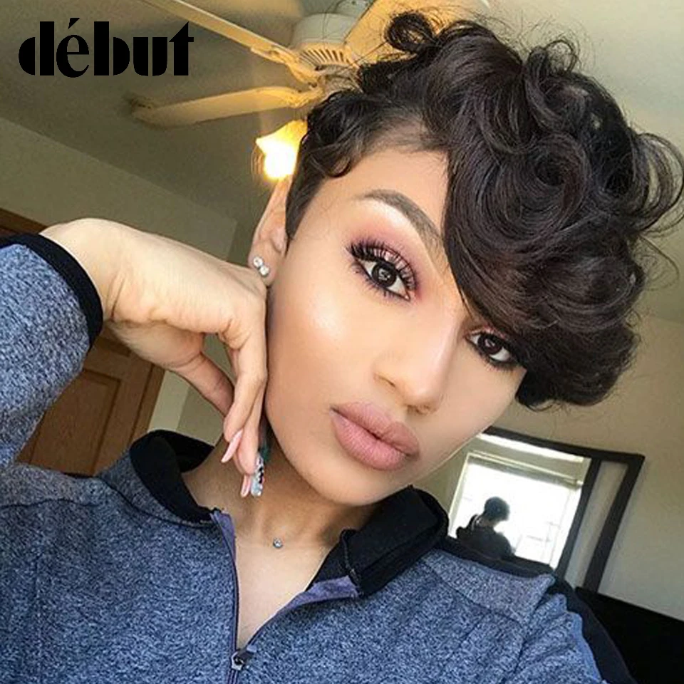 Дебютные короткие парики из человеческих волос с челкой Фэнтези волна волнистые