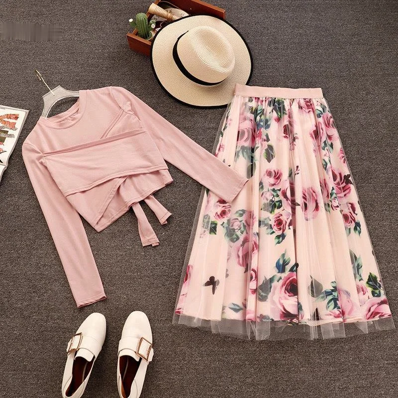 

Zoulv 2021 Skirt Sets Elegant Woman Two Piece Set Women Irregular Bowknot Solid Tops Vintage Floral T Shirt+Mesh Skirts Suits