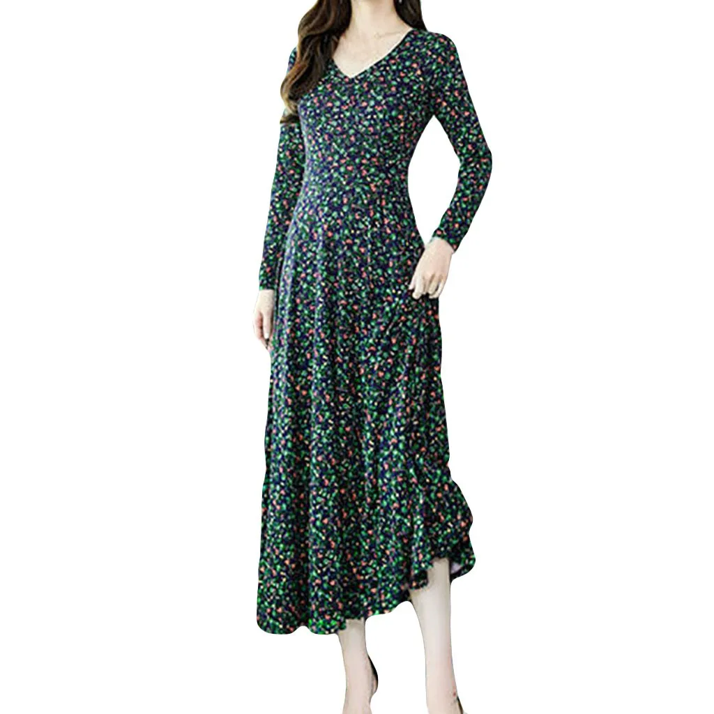 Женские цветочные платья элегантные ретро с v образным вырезом и длинным рукавом