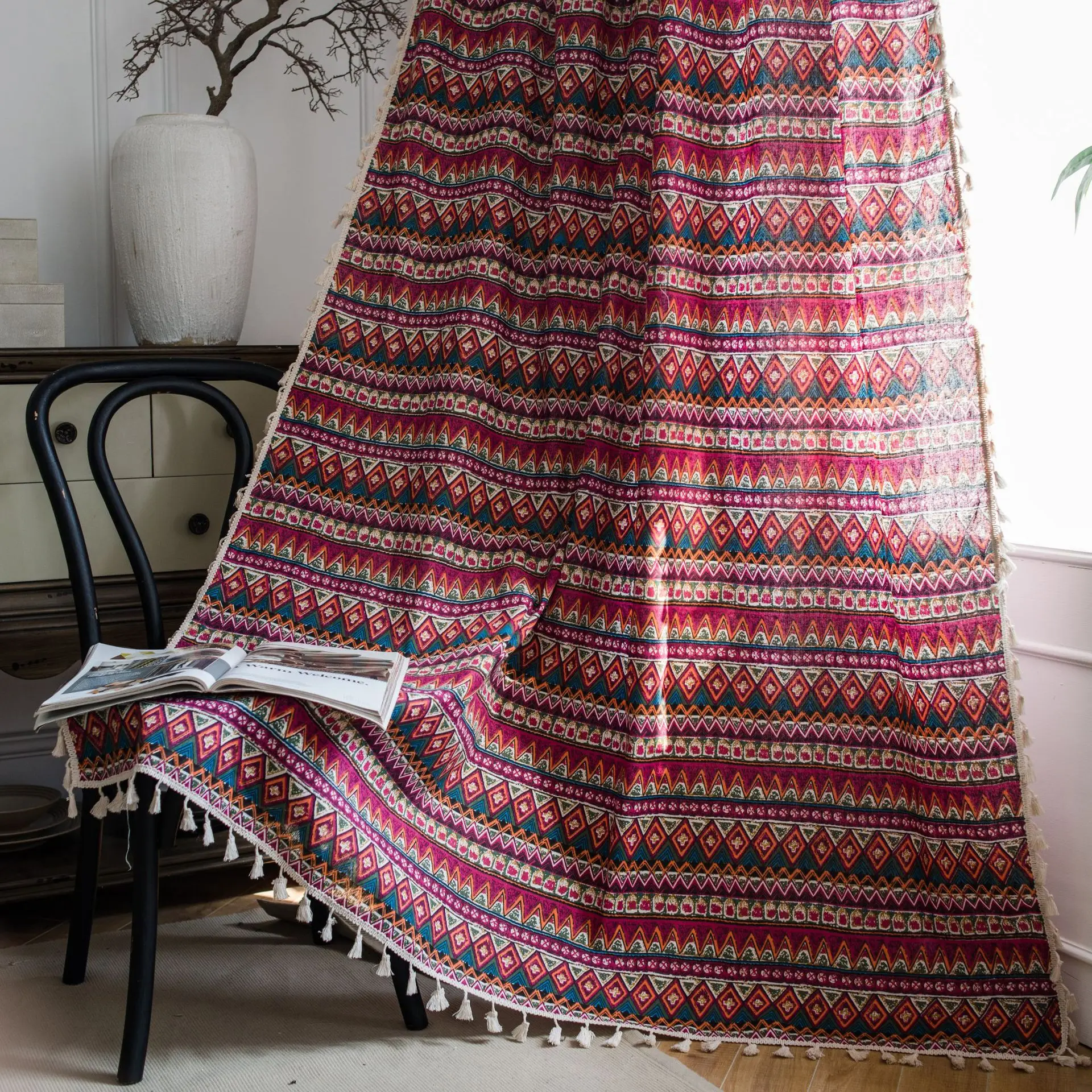 

Red Boho Geometric Curtain For Bedroom Living room Cotton Linen Printed Decorative Curtains with Tassel Home Decoration