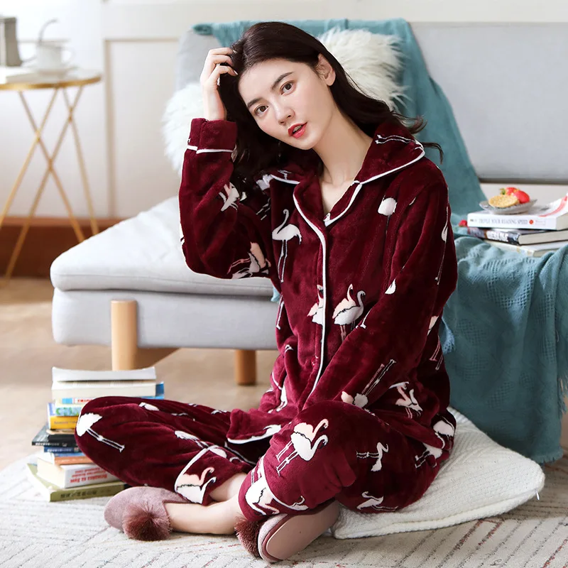 2021 Autumn and Winter Women's Pajamas Long-sleeved Thickened Flannel Cardigan Pijamas Women Home Service Sleep Tops Sleepwear