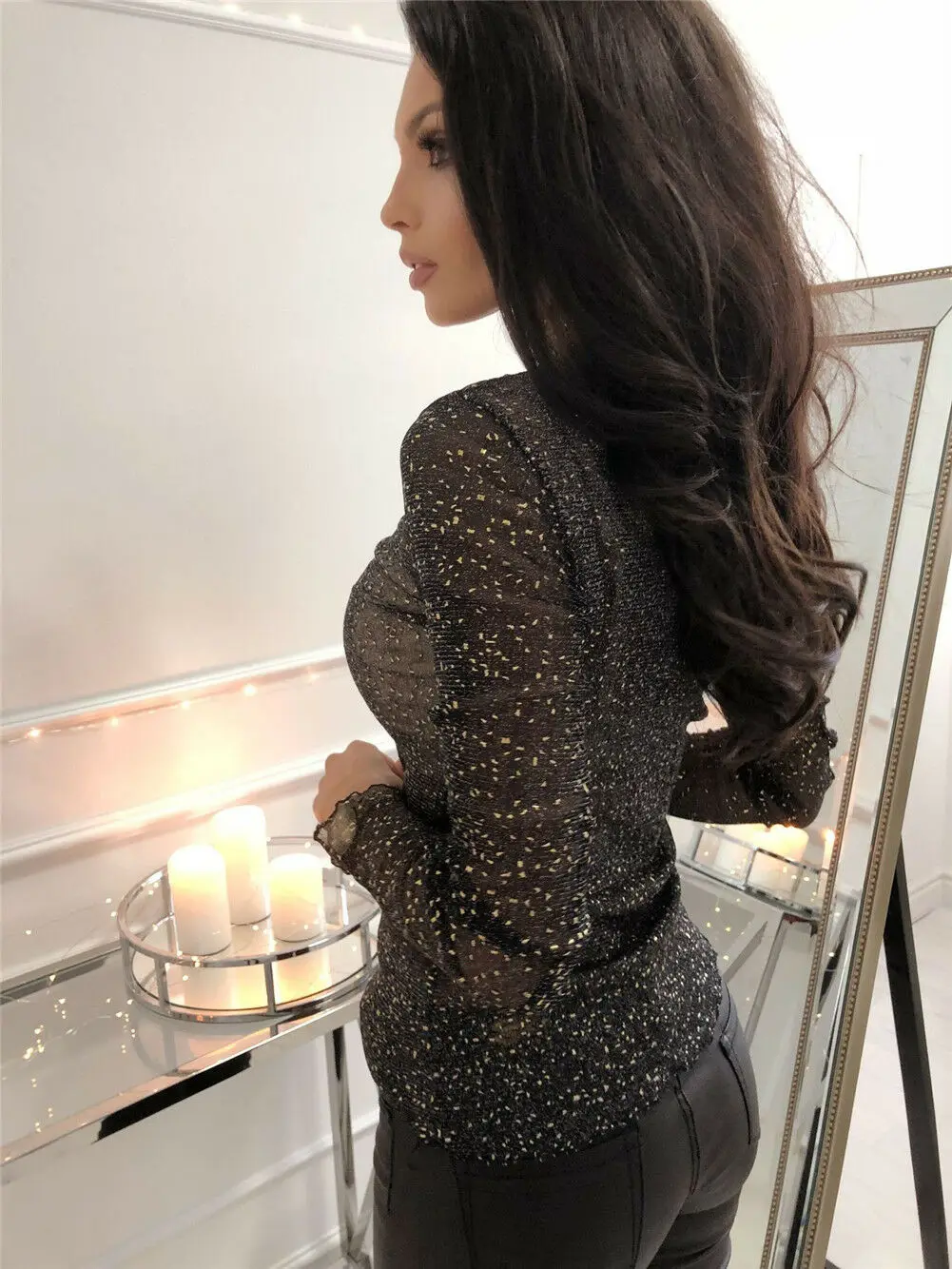 Сексуальная Женская сетчатая прозрачная позолоченная рубашка водолазка Топ с