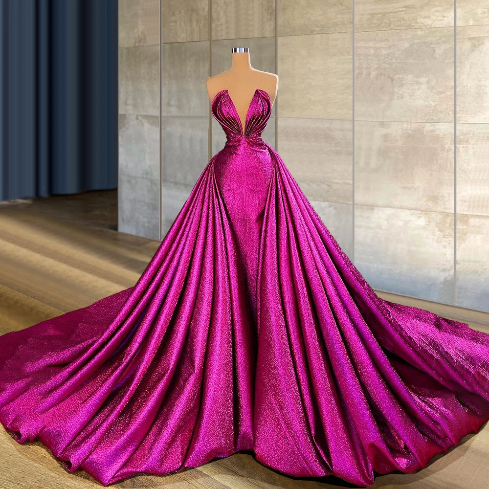 

Fuchsia Mermaid Prom Dresses With Detachable Train Sweetheart Neck Overskirt Evening Gowns Party Dress Special Occassion