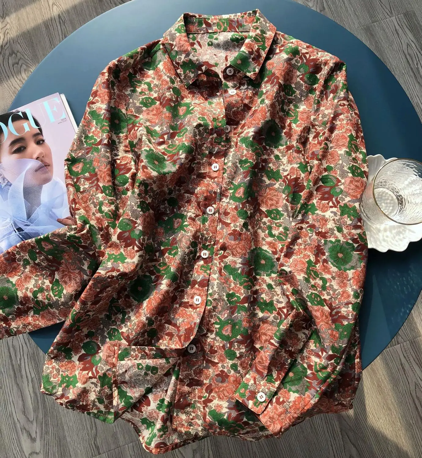 

Long Sleeve Turn-down Collar Women Blouse 2020 New Spring Summer Silk and Cotton Flower Print Female Sweet Shirts Tops