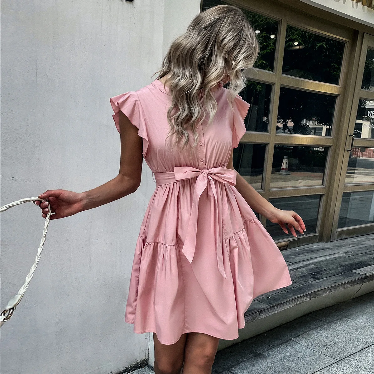 

Summer Women Cotton Office Dress Pink Ruffle Sleeve Frills Button Mini Dresses Casual Sash Bowknot Lady Vestido New Style