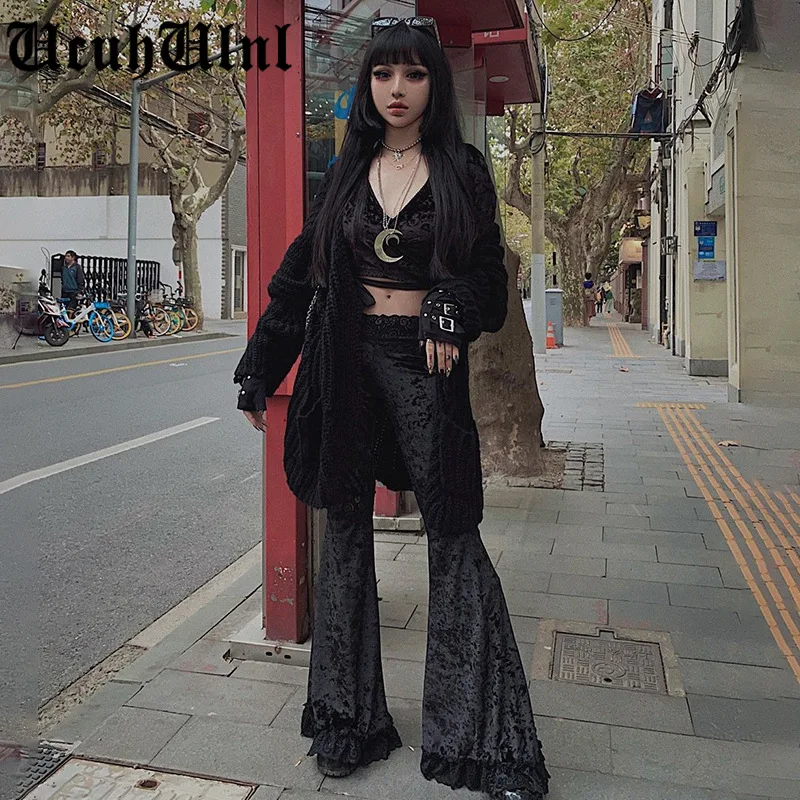 

Брюки-клеш с высокой талией Mall Goth, эстетичные сексуальные кружевные брюки в стиле пэчворк, Женские винтажные Элегантные Бархатные рождеств...