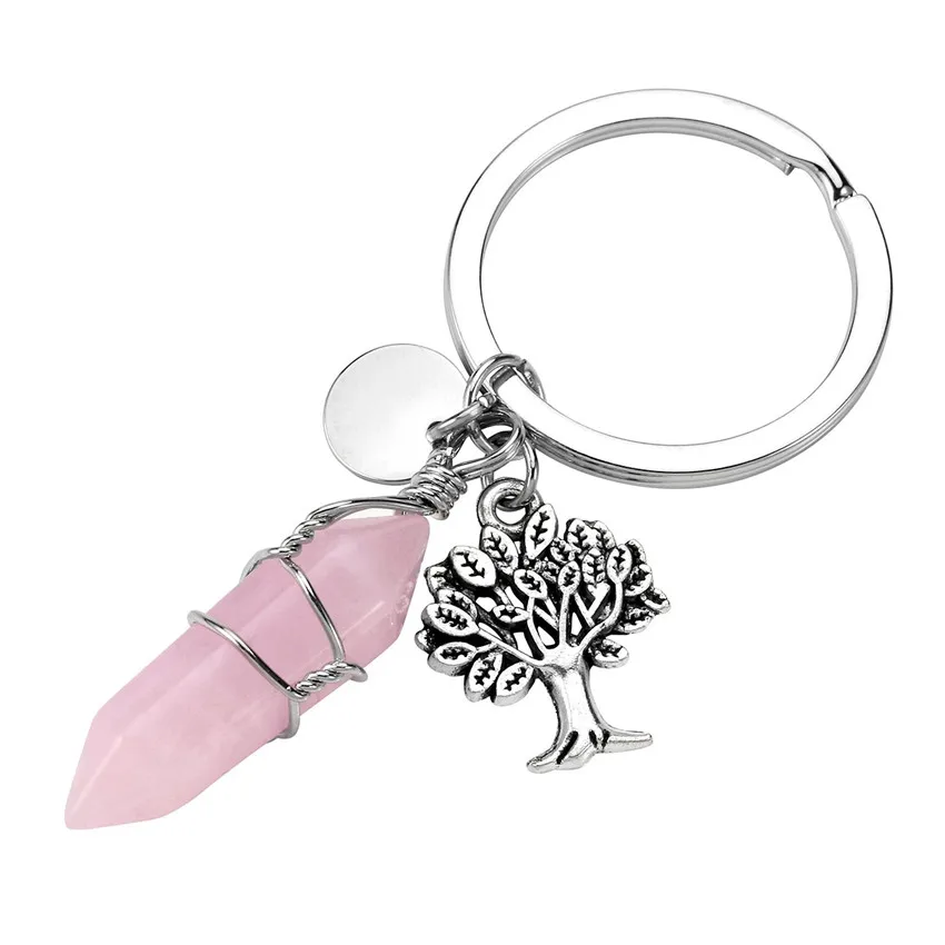 

FYJS Unique Silver Plated Wire Wrap Circle Lobster Clasp Amethysts Hexagon Prism Tree of Life Key Chain Rose Pink Quartz Jewelry