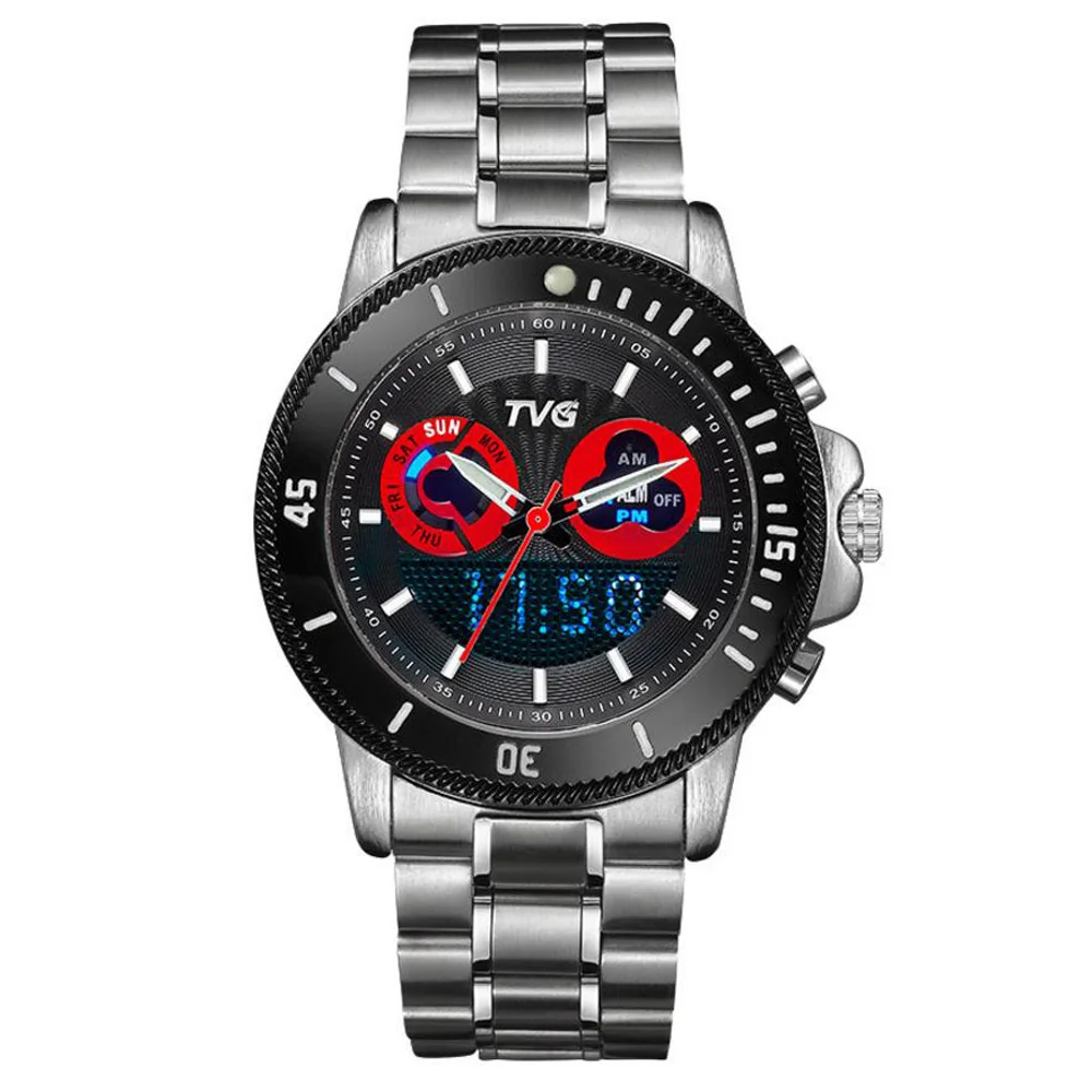 

New TVG 2020 Luxury Brand Men Sports Watches Fashion Quartz Clock Full Steel Analog Digital Dual Time Watches Men mannen horloge