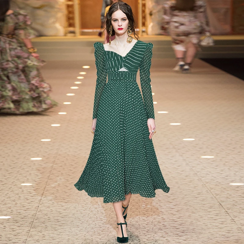 

V-neck Bubble Long-sleeved Pleated Dot Peint 2021 Autumn Party Evening Dress for Women