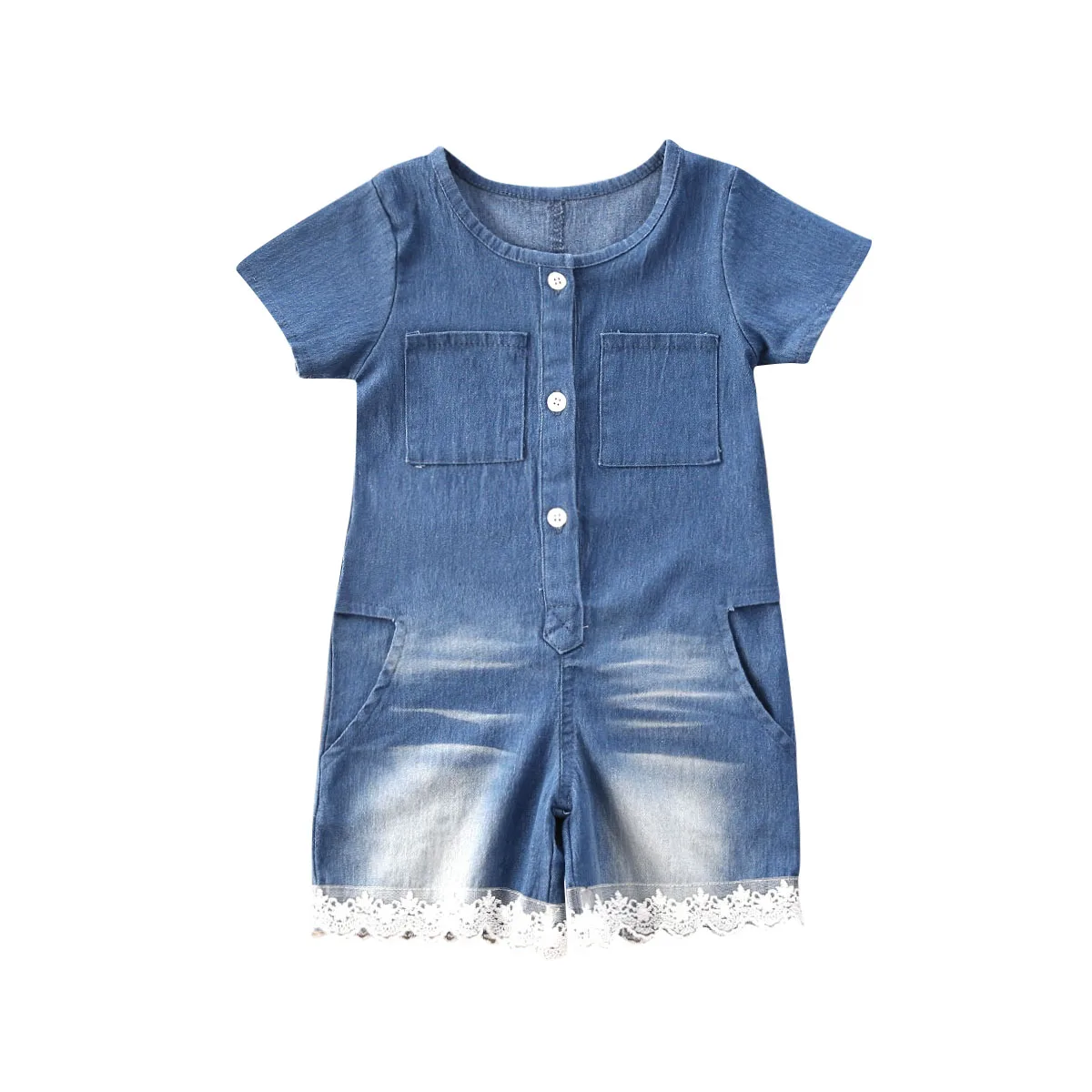 Летняя одежда для маленьких девочек Джинсовый комбинезон с кружевом