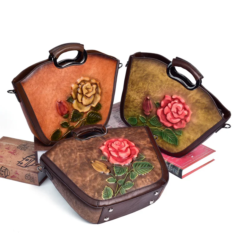 

2021 New Female Bag Fashion Handbag Cross-Body Bag Retro Embossed Elegant Large Capacity Hand Painted Rose