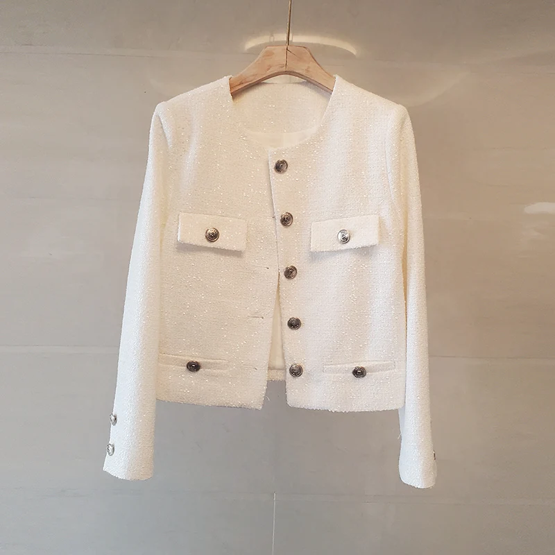 

CBAFU spring autumn sequined tweed chic long sleeve jacket women runway vintage single breasted coat white wool outwear N320