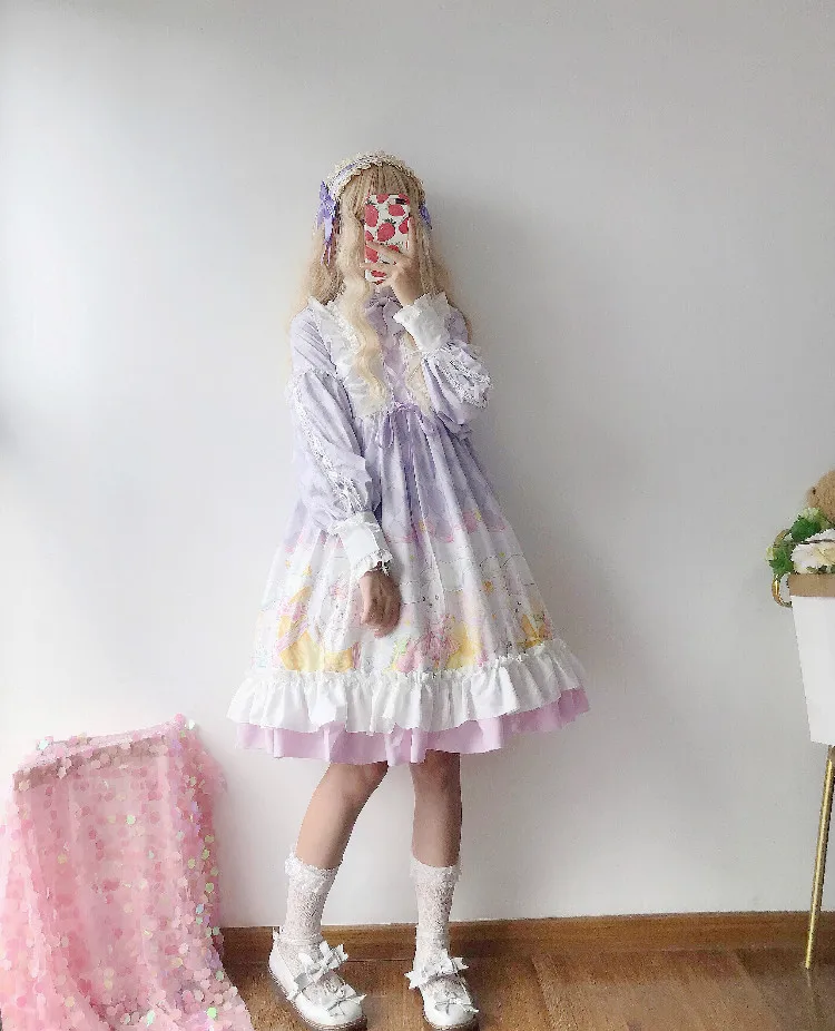 

Princess tea party sweet lolita dress vintage lace bowknot cute printing victorian dress kawaii girl gothic lolita op loli cos