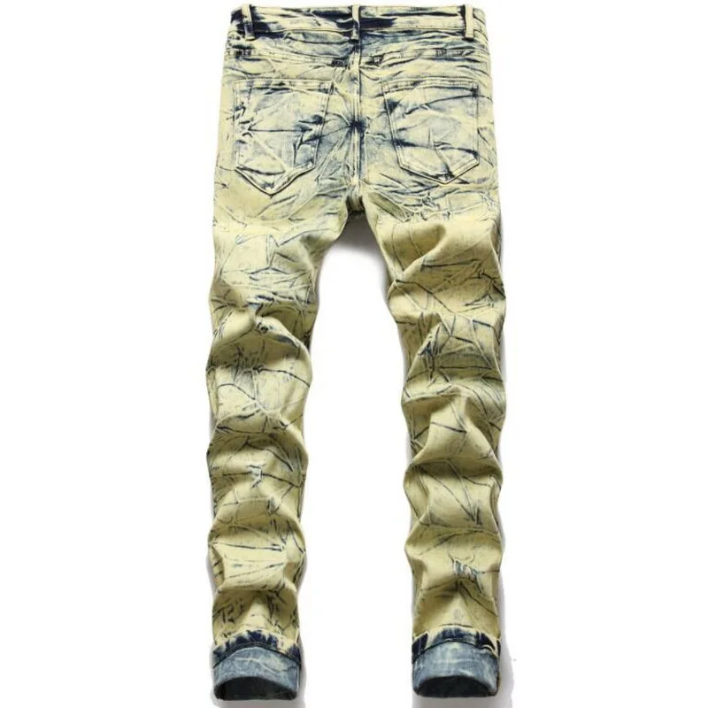 High Street Fashion Men Hole Stacked Jeans Motorcycle Pant Ripped Tights Jeans Men Tie dye Denim Pants