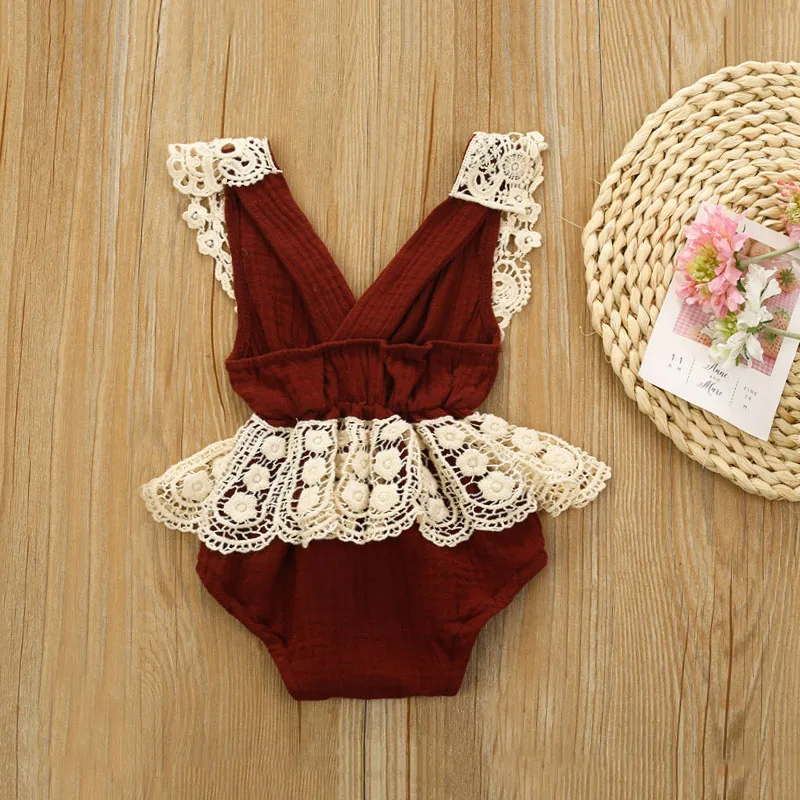 

Summer Newborn Baby Girl Clothes Solid Color Cotton Hemp Romper Sleeveless Jumpsuit One-Piece Outfit Lace Sunsuit