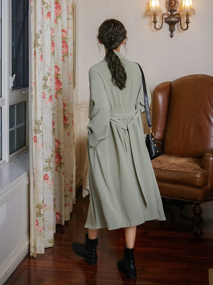 

Women's coat retro Hong Kong style over-the-knee mid-length trench coat double-breasted with belt lapel ladies jacket