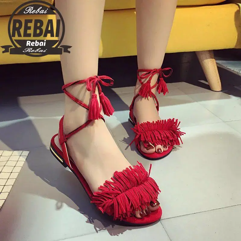 

2020 Red Women Low Heels Sandals Fringe Gladiator Cross Sexy Thin Tassels Ladies Sandalias Summer Party Shoes Woman Open Toe