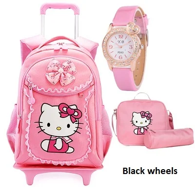 Black wheels Детские школьные сумки hello kitty, Детские рюкзаки, чемодан на колесиках для девочек, рюкзак Mochila Infantil Bolsas Zaini Scuola - Цвет: Black wheels