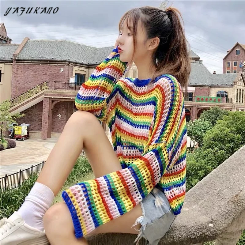 Rainbow Women Sweetshirts Vintage Mesh Clothes Cute Knitted Top Oversize Long Sleeve Aesthetic Pullover Korean Fashion