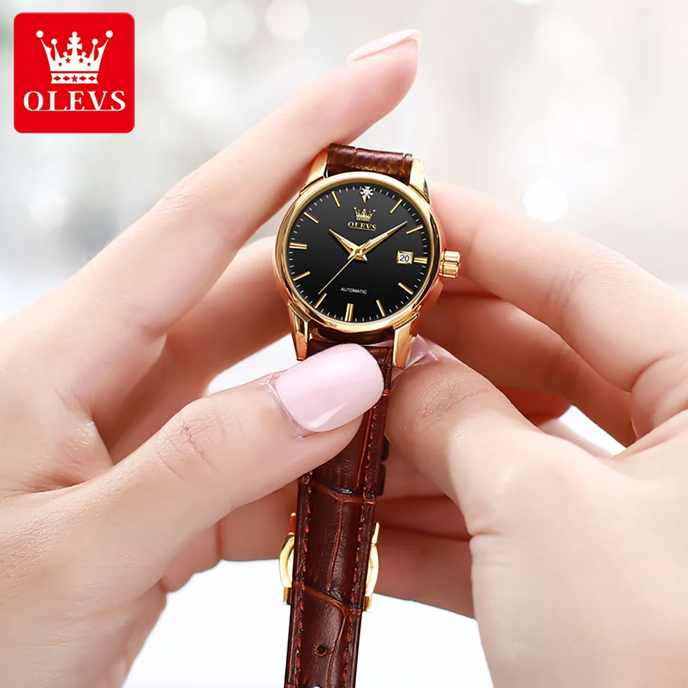 OLEVS Women Watches Top Brand Luxury Gold Lady Watch Leather Band Dress Women Watch Mechanical Wrist Watches Gift Reloj Mujer enlarge