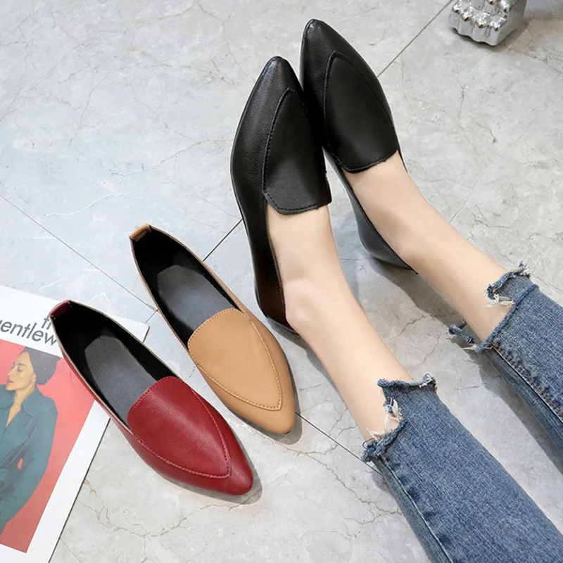 Туфли оксфорды женские на плоской подошве Кожаные балетки заостренный носок