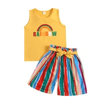 girls summer sleeveless rainbow letter tops vest striped belt shorts pants toddler kids baby thin clothes sets 2pcs 18m 5y
