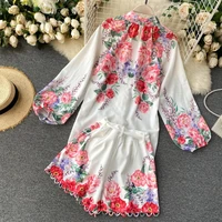 2021 chinese retro floral summer vacation casual suit lantern long sleeved shirt high waist strap wide leg shorts two piece suit