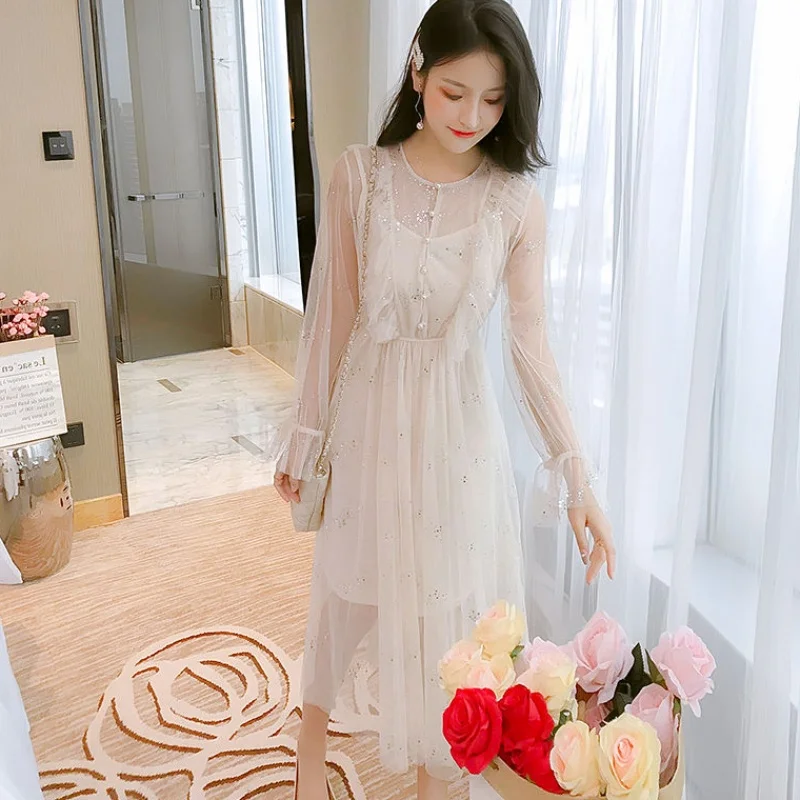 Женское блестящее платье миди Young Gee синее Сетчатое с длинным рукавом и блестками