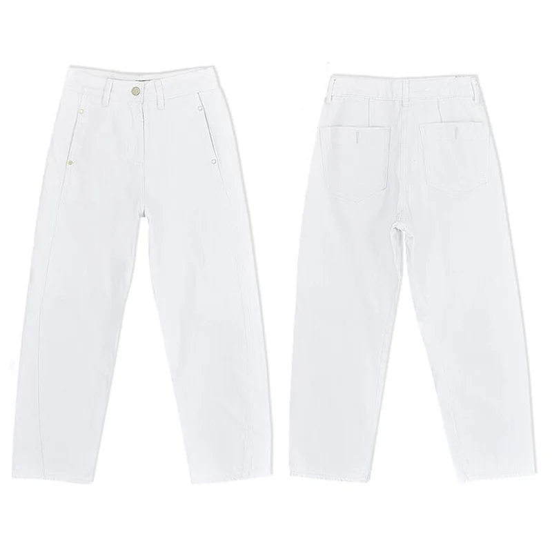 

European Fashion Women's Cotton Denim Jeans High Waist Straight Ladies Loose White Ankle Length Pants Wide Leg Trousers TOP362