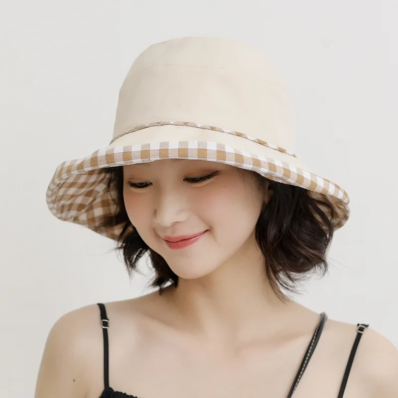 Summer female literary retro plaid double-sided fisherman hat Pure cotton comfortable women bucket hat