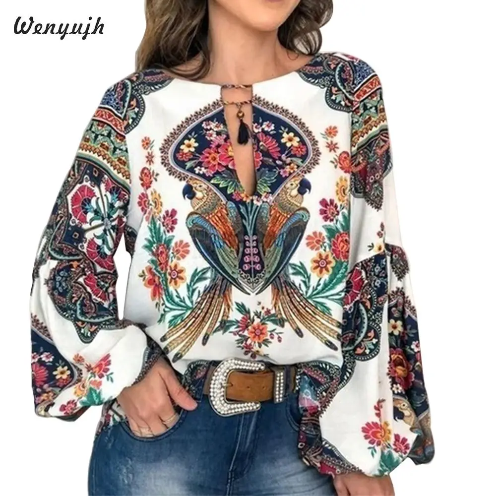 WENYUJH 2019 Boho блузка с цветочным принтом рубашка рукавами фонариками сексуальные