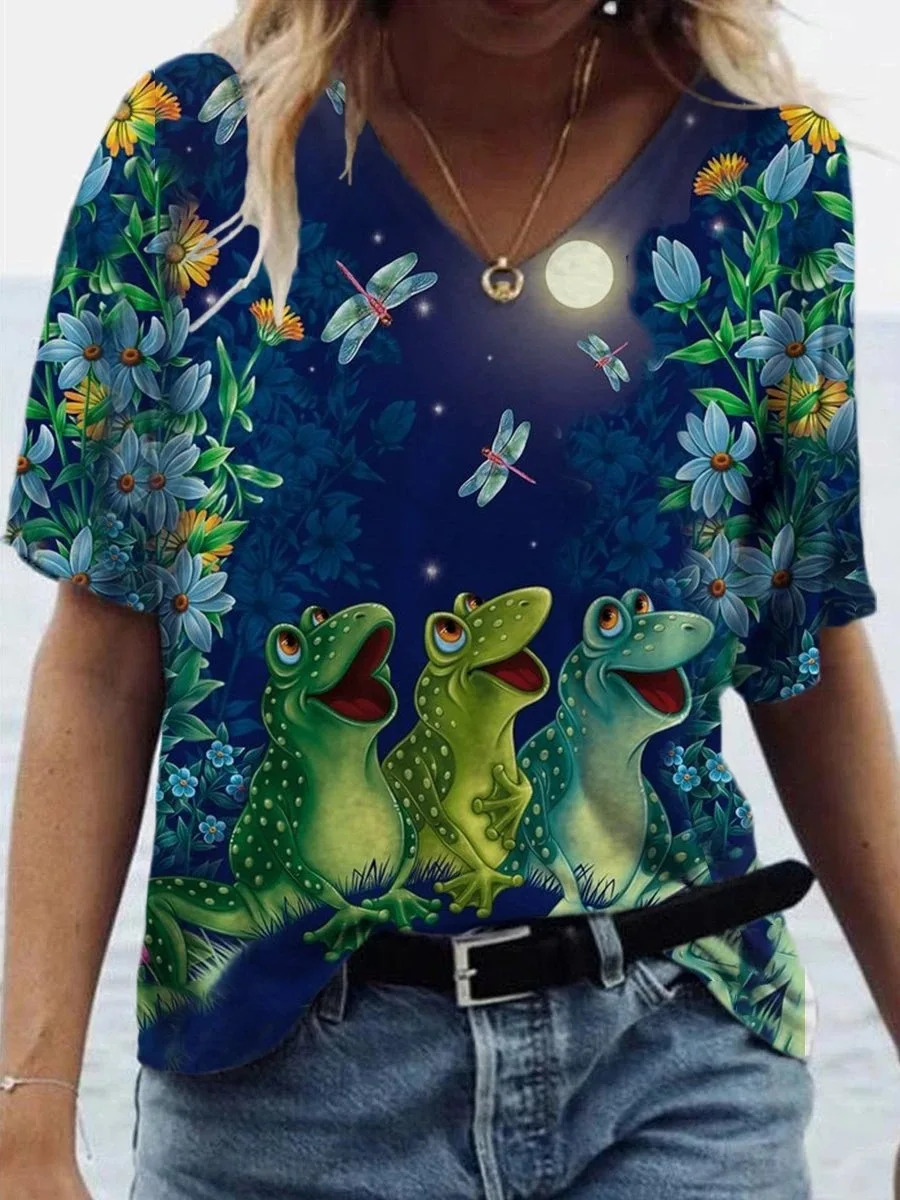 

New Animal Print V-neck Short Sleeve T-Shirt Top Graphic Tshirts Fashion Women Shirts