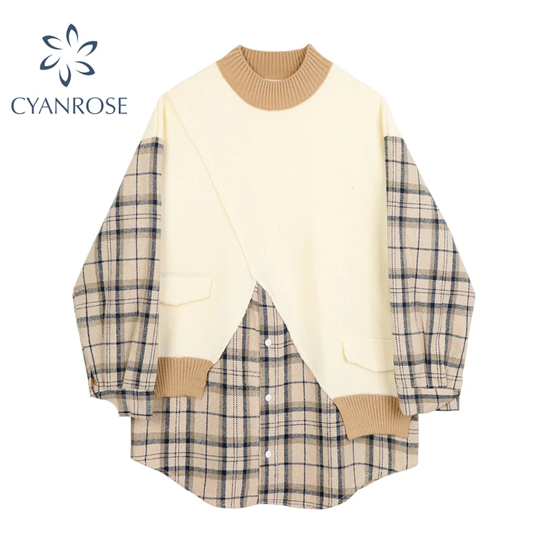 Осенний вязаный свитер блузка в стиле пэчворк корейская мода о-образный вырез
