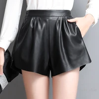 2022 spring and autumn new genuine leather shorts womens elastic high waist korean style black wide leg boots trousers
