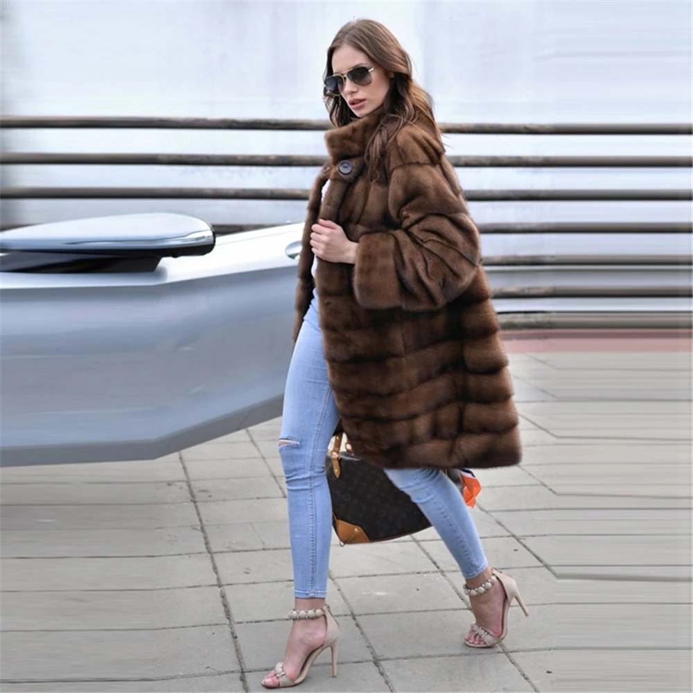 TOPFUR Fashion Brown Coat Women Winter Real Fur Coat Women Natural Mink Fur Coat Women Full Sleeves Mandarin Collar Medium