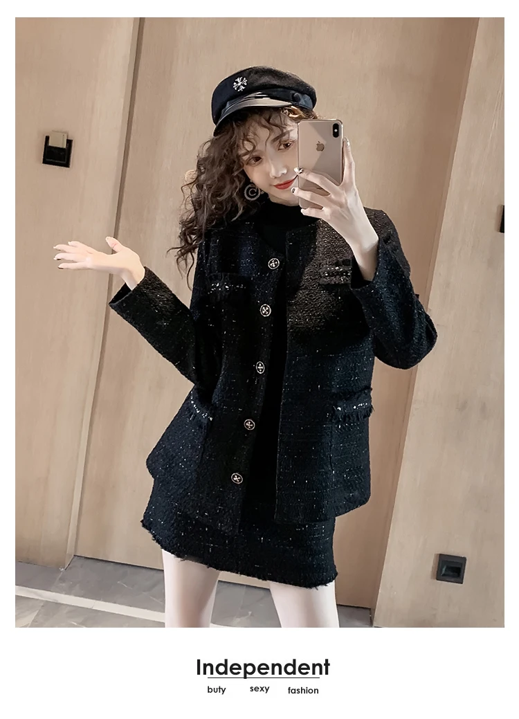 Black Tweed Blazer Skirt Two Piece Sets Autumn Winter New Ladies Tweed Jacket+ Skirt Coat Women Suits Clothes Wholesale