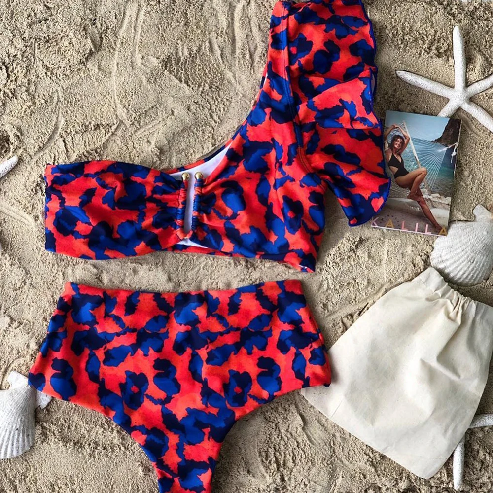 2021 New Sexy Bikinis Women High Waist Swimsuit Push Up Swimwear Flower Print Ruffle Bikini Set Beach Wear Bathing Suit