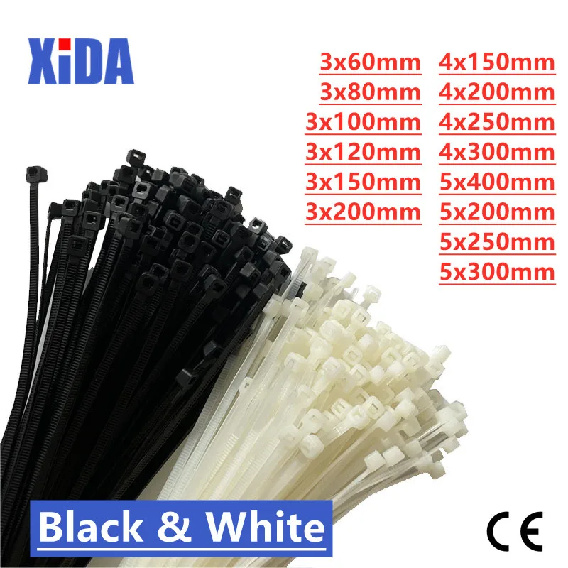 

Self-Locking Plastic Nylon Tie 100PCS/Bag Black White Zip Wraps Strap Nylon Cable Tie Set 3*100 Fastening Ring 3X200 Loop Wire