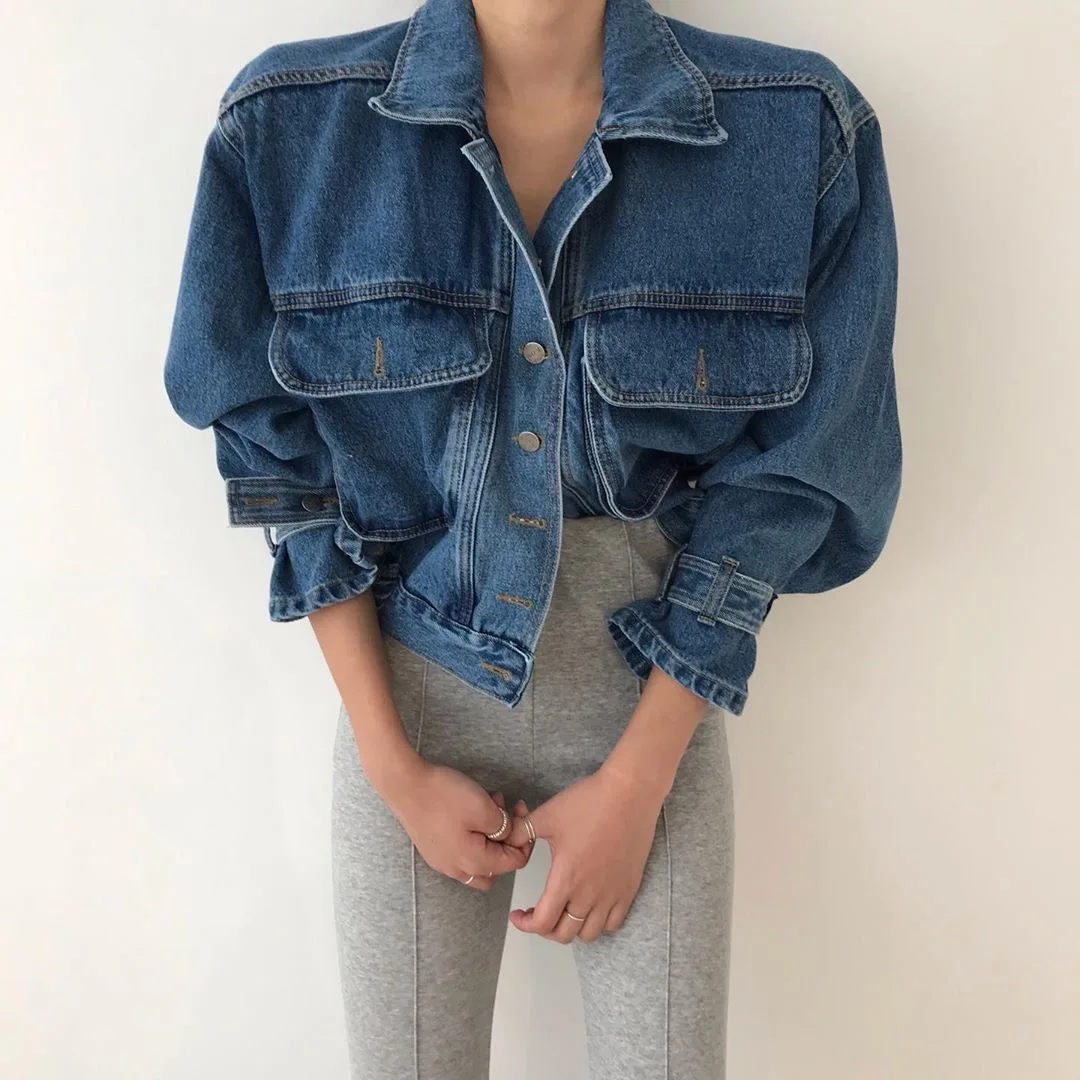 

SuperAen Turn Down Collar Full Loose Short Denim Coat Jackets for Women