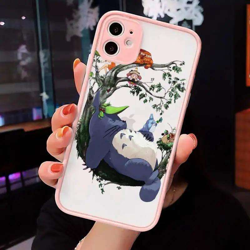 

Cartoon Ghibli Miyazaki Totoro Phone Case For iPhone 12 11 Mini Pro XR XS Max 7 8 Plus X Matte transparent Pink Back Cover